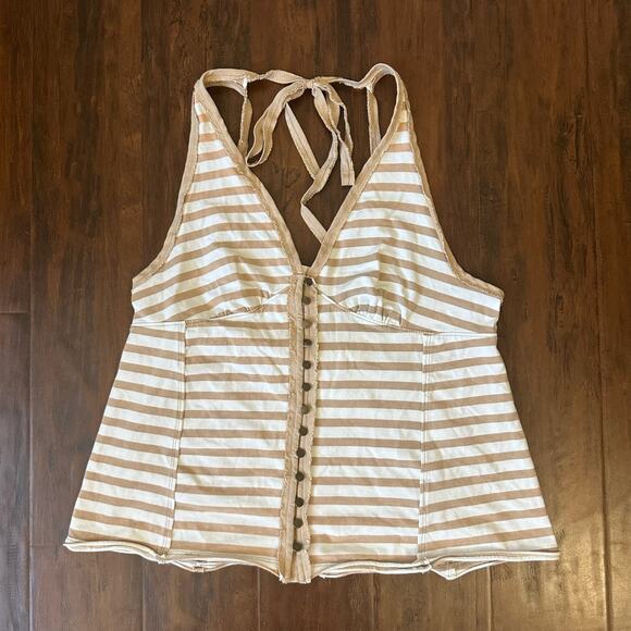 WE THE FREE Mylo Tank Top Tan White Striped Halter Neck Beach Vacay NWT - Picture 1 of 12